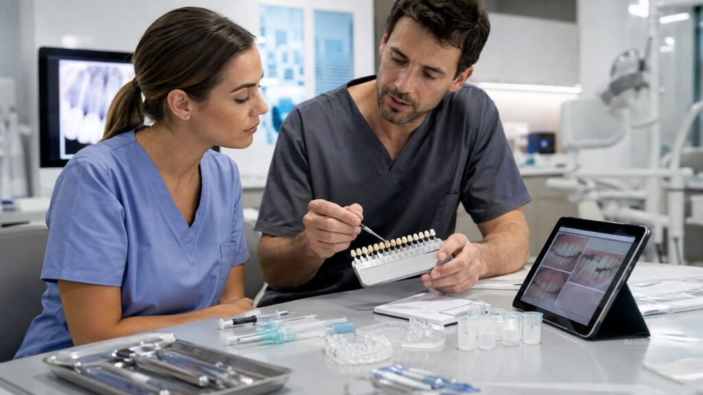 Higienista dental durante una formación especializada en blanqueamiento dental