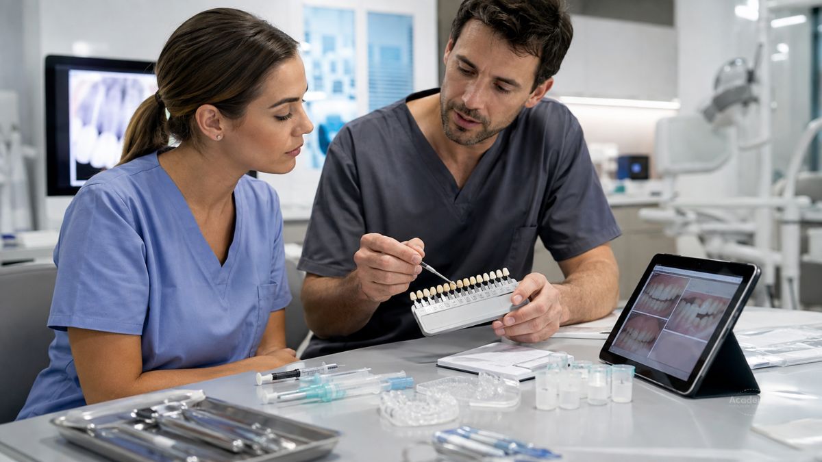 Higienista dental durante una formación especializada en blanqueamiento dental