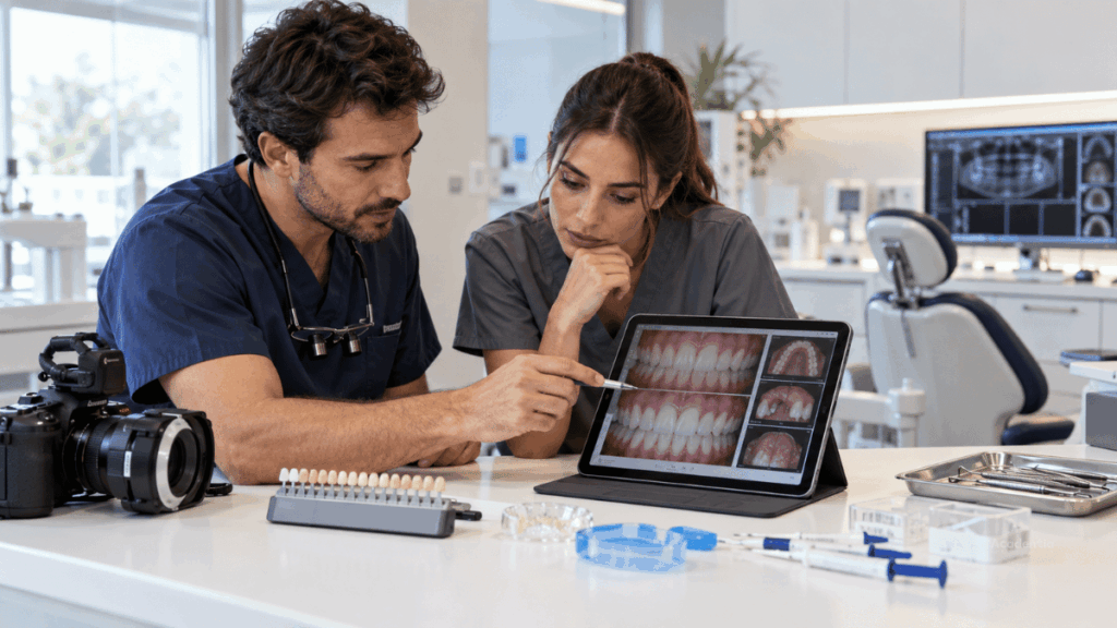 Higienista y odontólogo revisando un caso de blanqueamiento dental