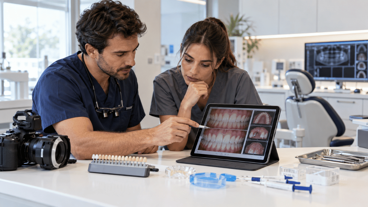 Higienista y odontólogo revisando un caso de blanqueamiento dental