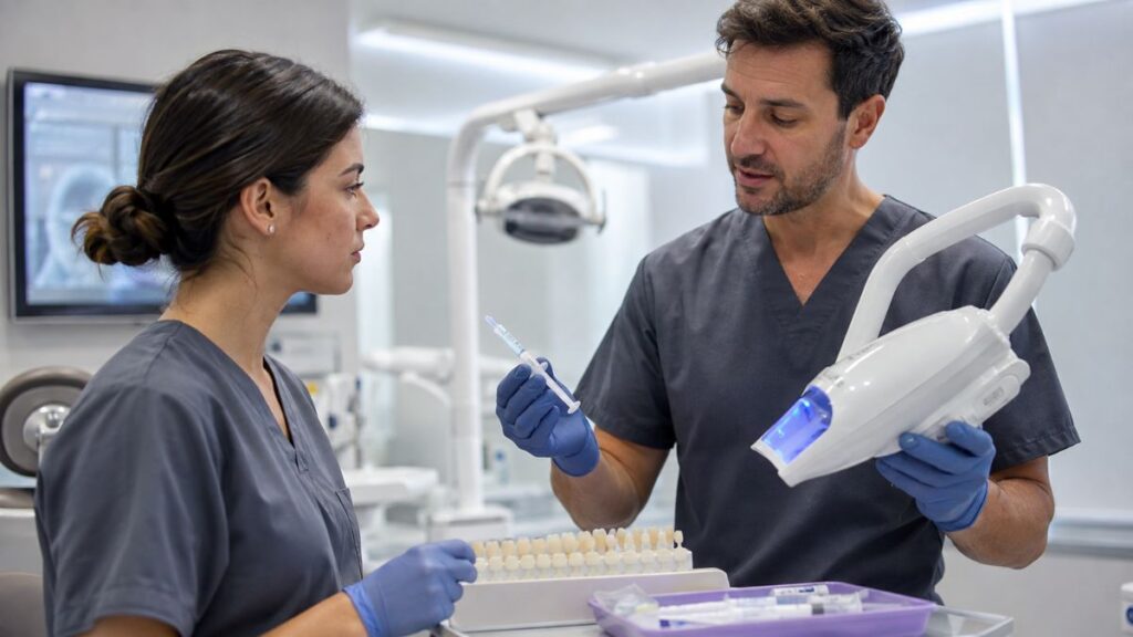 Profesional y docente durante una formación especializada en blanqueamiento dental