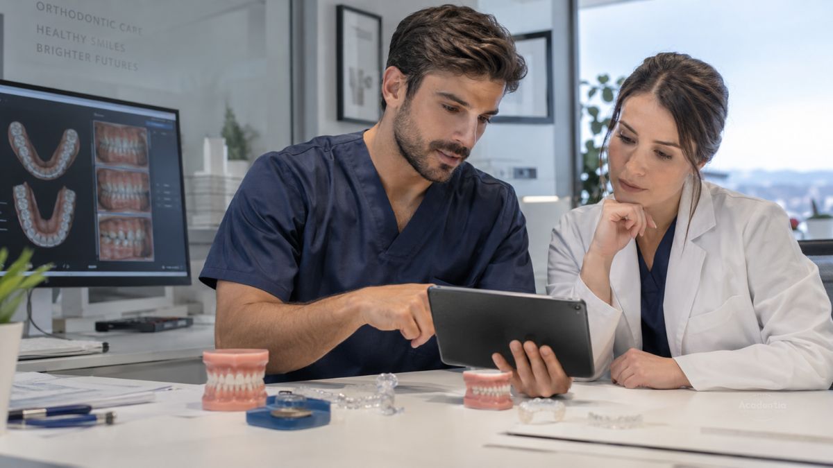 Higienista dental revisando un caso de ortodoncia junto al odontólogo