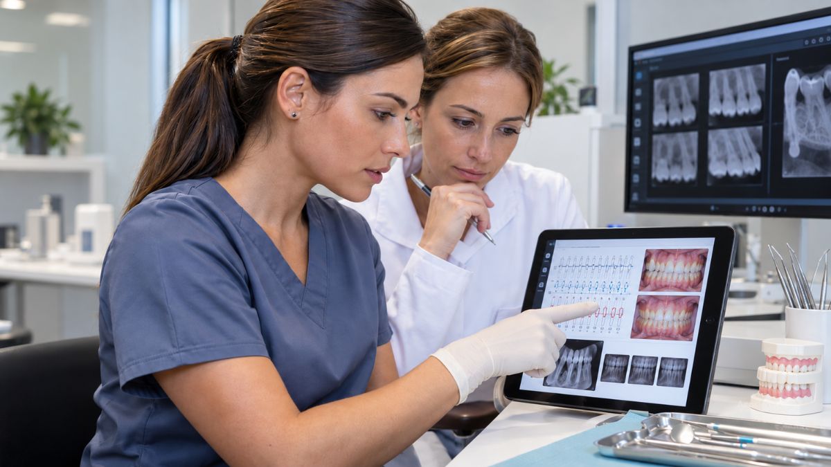 Higienista dental revisando el seguimiento de un paciente periodontal junto al odontólogo